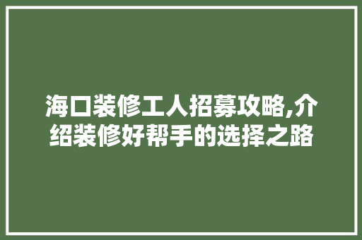 海口装修工人招募攻略,介绍装修好帮手的选择之路