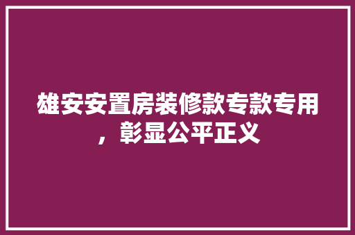 雄安安置房装修款专款专用，彰显公平正义