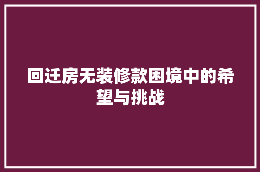回迁房无装修款困境中的希望与挑战 工艺流程